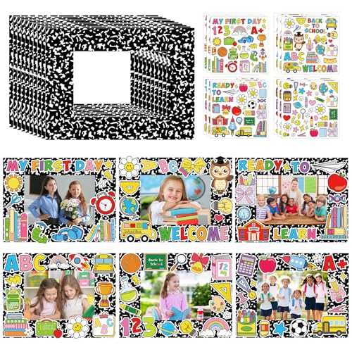 Whaline 24 Packs Back to School Picture Frame Craft Kits with Stickers Composition Notebook Cartoon DIY Paper Photo Frames for First Day of School Party Favor Classroom Decoration