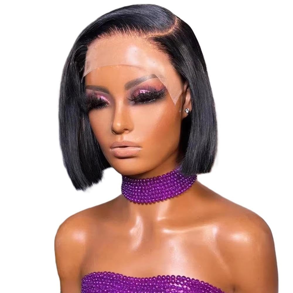 Haarpflege Kurze Gerade Bob-Perücke Mit Spitzenfront Vorgezupftes Echthaar Für Frauen(13x4,150%_10INCHES)