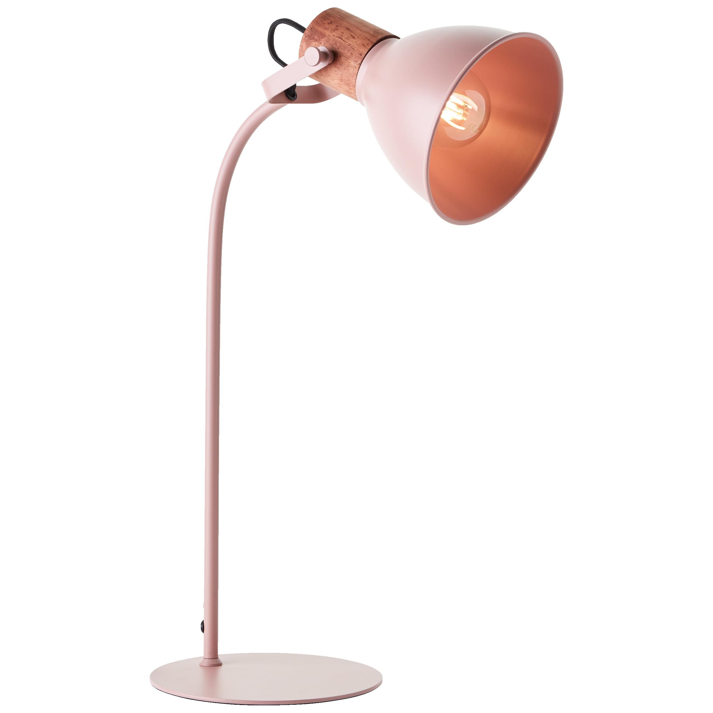 Lightbox skandinavische Schreibtischlampe - 52 cm Höhe - Tischleuchte mit Schalter & schwenkbarem Kopf - E27, max. 40 W - Metall/Holz aus Kautschukbaum - in Hellpink/Hellbraun
