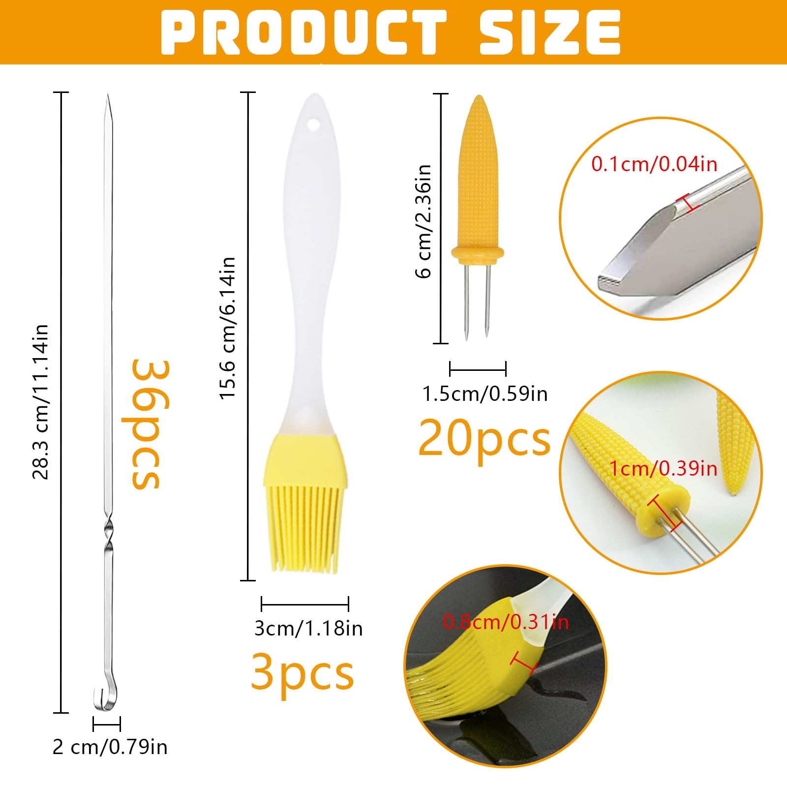 Lot De 36 Brochettes En Inox Réutilisables - 28.3 Cm, Avec 20 Fourchettes à Maïs Et 3 Pinceaux à Huile Pour Barbecue - 11