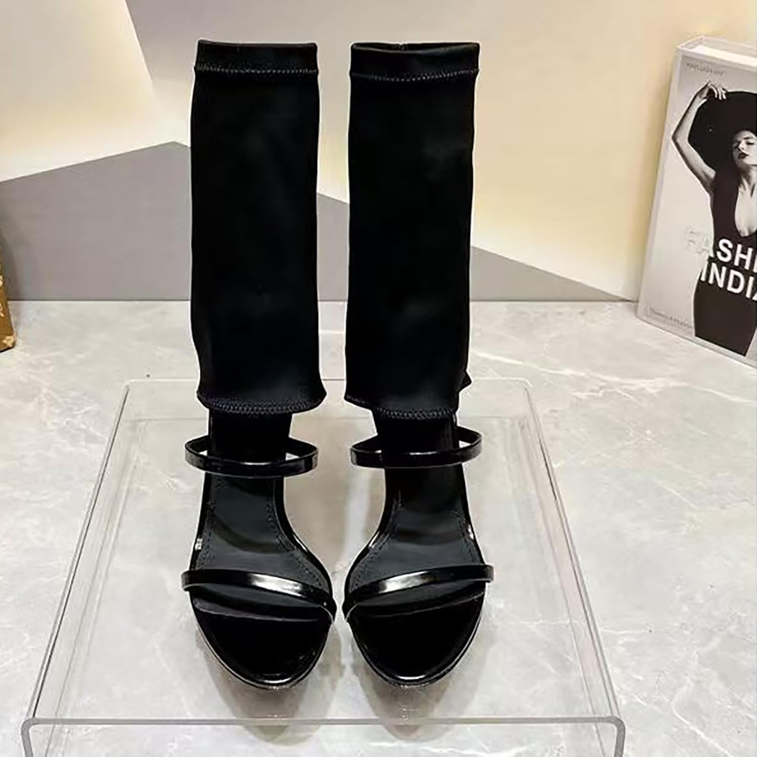 Women's High Top Stiletto Gladiator Sandals Sexy Open Toe Comfortable Stretchy Cloth High Heels Summer Booties for Wedding Party Dress Sandal Boots - Image 3