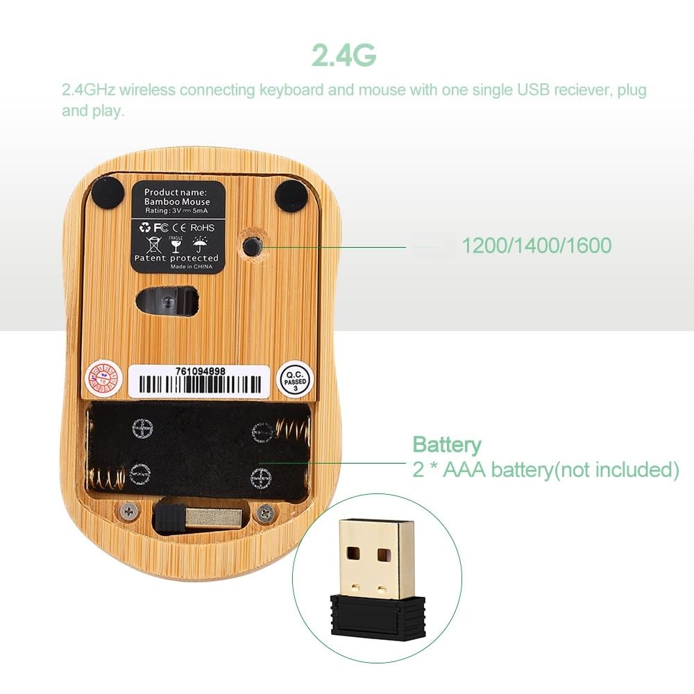 Zestaw Bezprzewodowej Klawiatury i Myszy Bamboo, Naturalne Drewno Bambusowe 2,4G, Klawisze Multimedialne, Kompatybilny z 7/8/XP/VISTA, do Użytku w Domu, Biurze i Grach