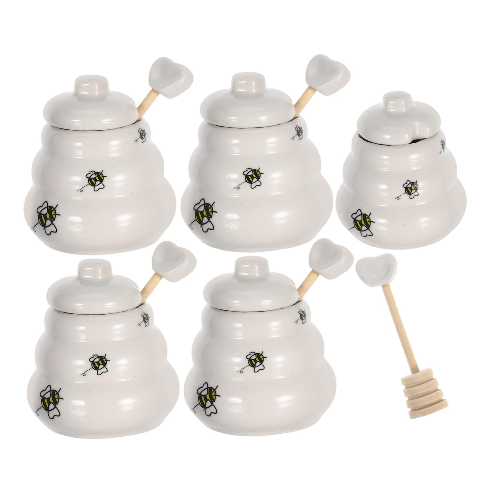 OKUMEYR 5Pcs Ceramic Honey Pot Jar Set with Dipper and Lid Creative Bee Design for Kitchen Storage Present for Birthdays and Weddings Honey Container Dispenser