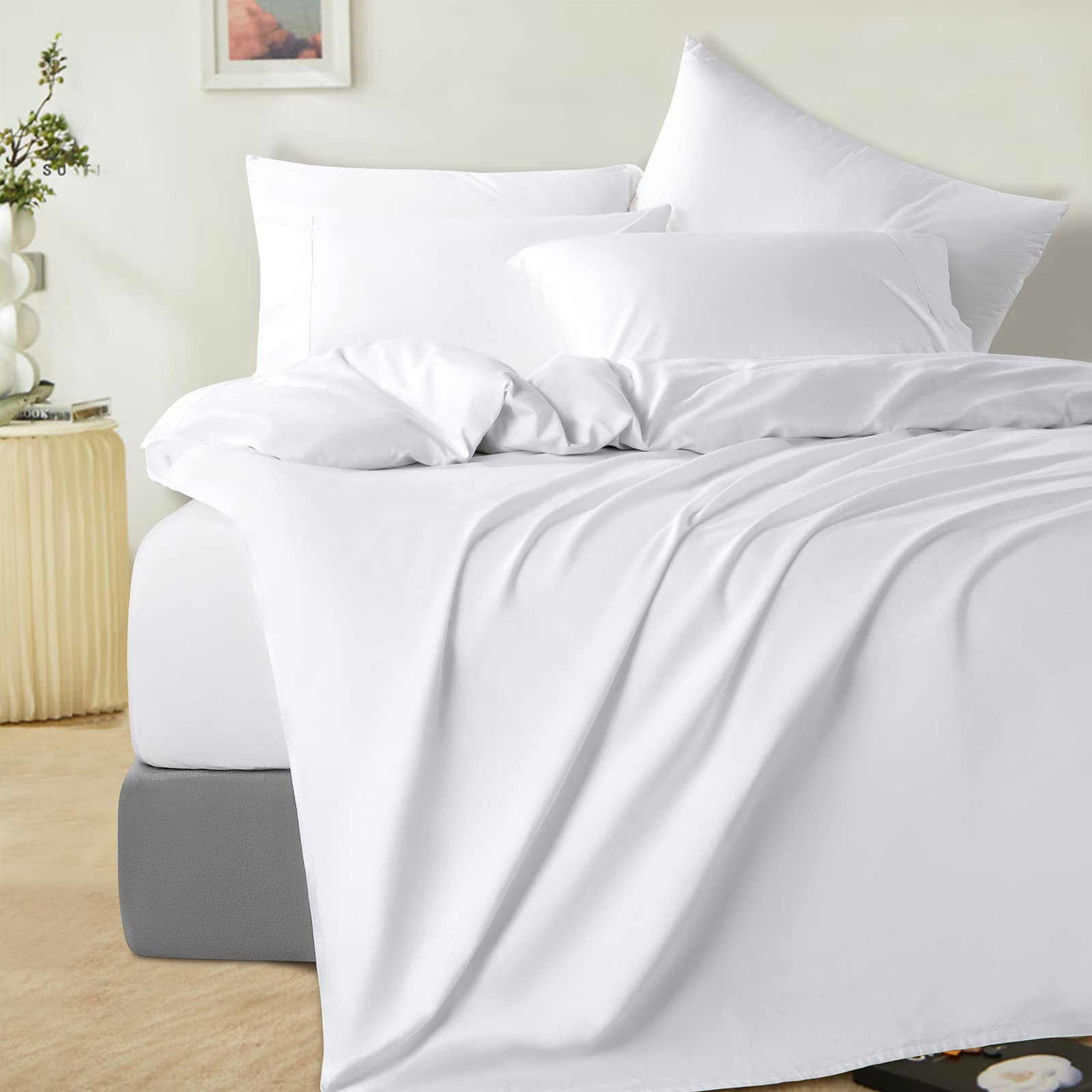 SONORO KATE 1200 Thread Count Cotton Sheets, Luxury 100% Egyptian Cotton King Size Sheets, Extra Soft Cooling Bed Sheets Sateen Weave with 16" Elasticized Deep Pocket - 4 Piece (White, King)