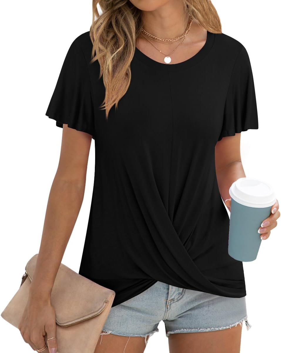 Women’s Summer 2025 Casual Tunic Wavy Short Sleeve Blouse Front Twist Tops Tee For Leggings