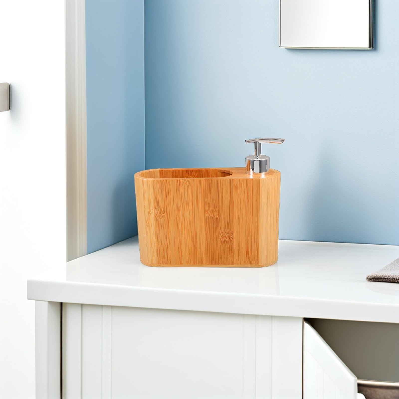 Gadpiparty Dispensador de Jabón Oval de Plástico y Madera Diseño Elegante para Uso en Baño y Hogar, Cómodo Agarre y Pieza Decorativa Portátil