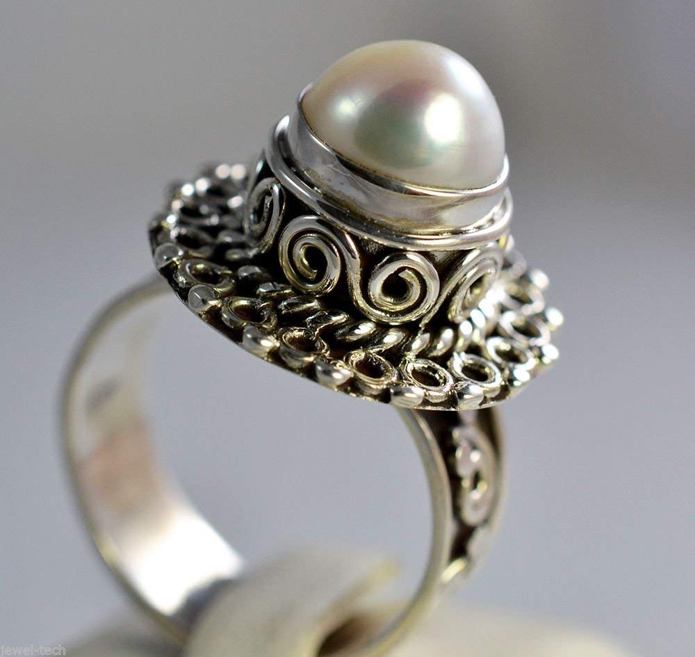Süßwasserperlen-Stein-Silberring | 925 Sterling Silber Handgefertigter Statement-Versprechensring für Frauen | Natürlicher Edelstein Boho Schmuck | Juni-Geburtsstein | Geschenk für Sie