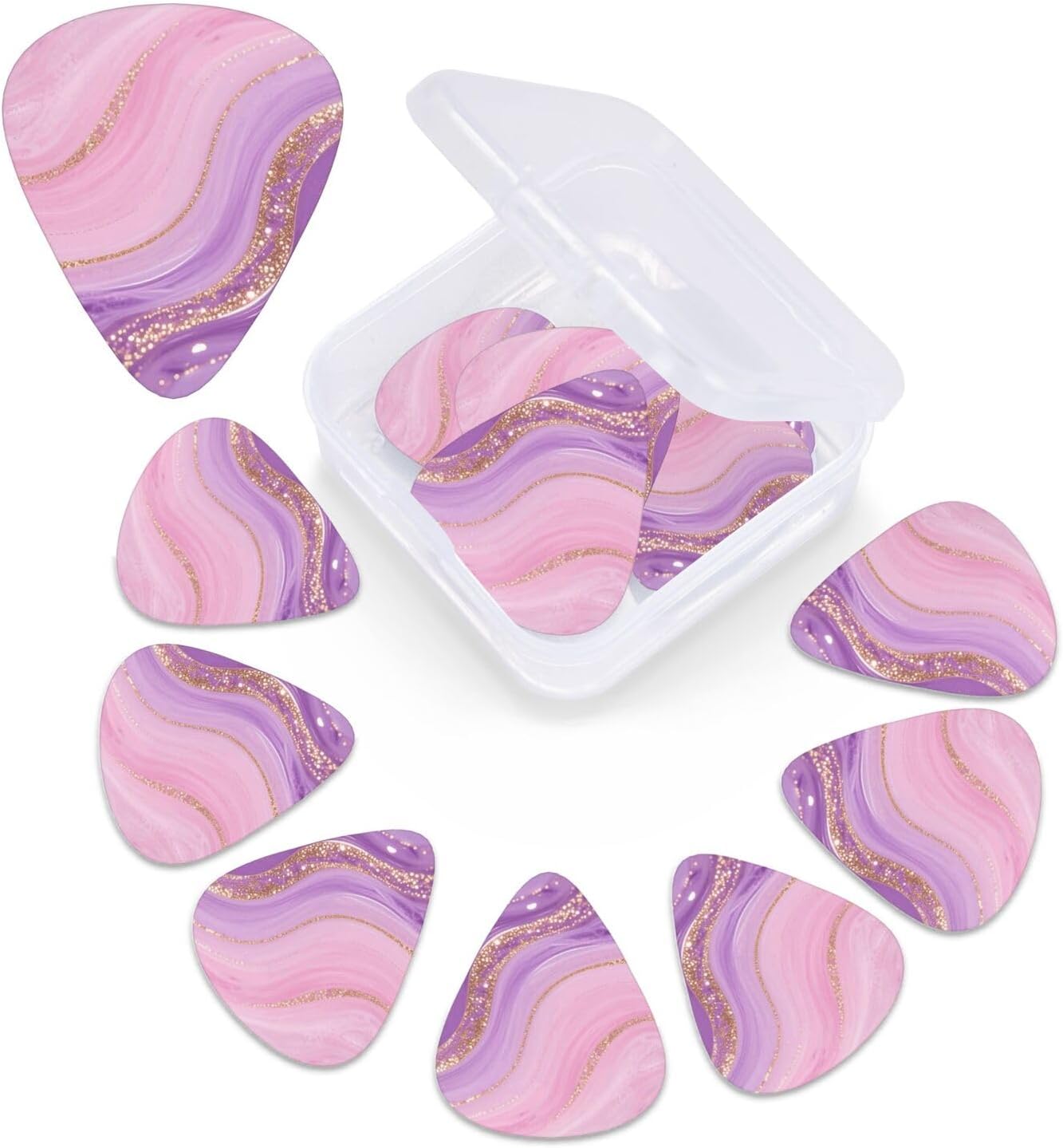 12 Pack Guitar Picks with Organizer Storage Box,Thin, Medium & Heavy 3 Different Thickness Guitar Pick Pink Purple Marble Bass Plectrums for Ukulele Acoustic Guitar Accessories