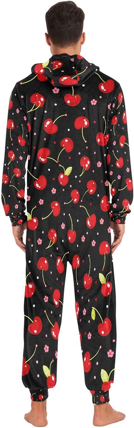 Cherries Flowers Black Cherry Adult Onesie Pajamas Novelty One Piece Costume Sleepwear Jumpsuits Matching PJS