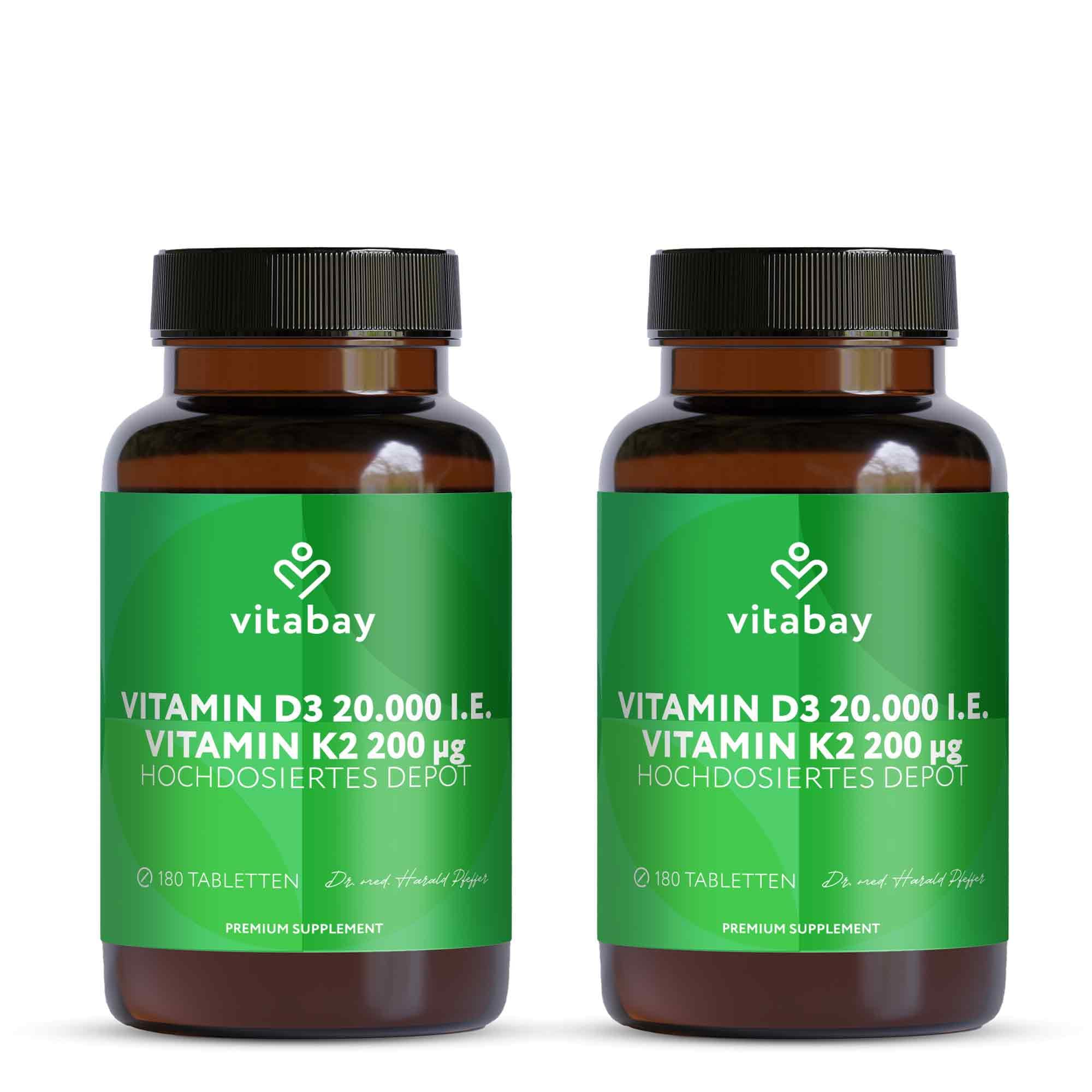 Vitabay Vitamin D3 + K2 Depot – 360 vegane Tabletten – hochdosiert | 20.000 IE Premium Vitamin D3 mit K2-MK7 All-Trans – ohne Zusätze – vegan & laborgeprüft in Deutschland – 2er Bundle
