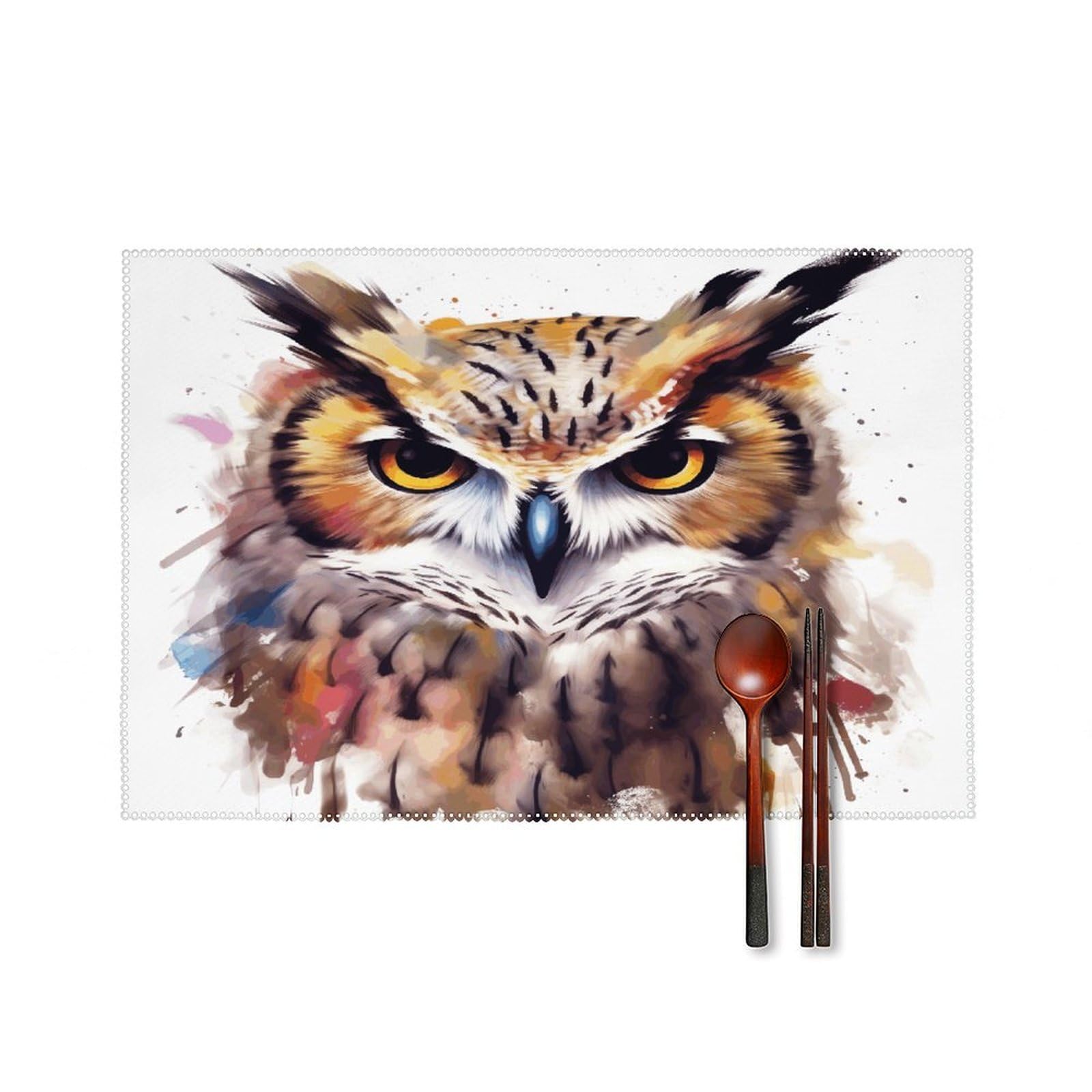 Watercolor Cool Owl Head Placemats Set of 4 Heat Resistant Non-Slip Place Mats for Dining Table Washable Placemat Wipeable Dining Table Mat Canvas Place Mats Dining Table Decor