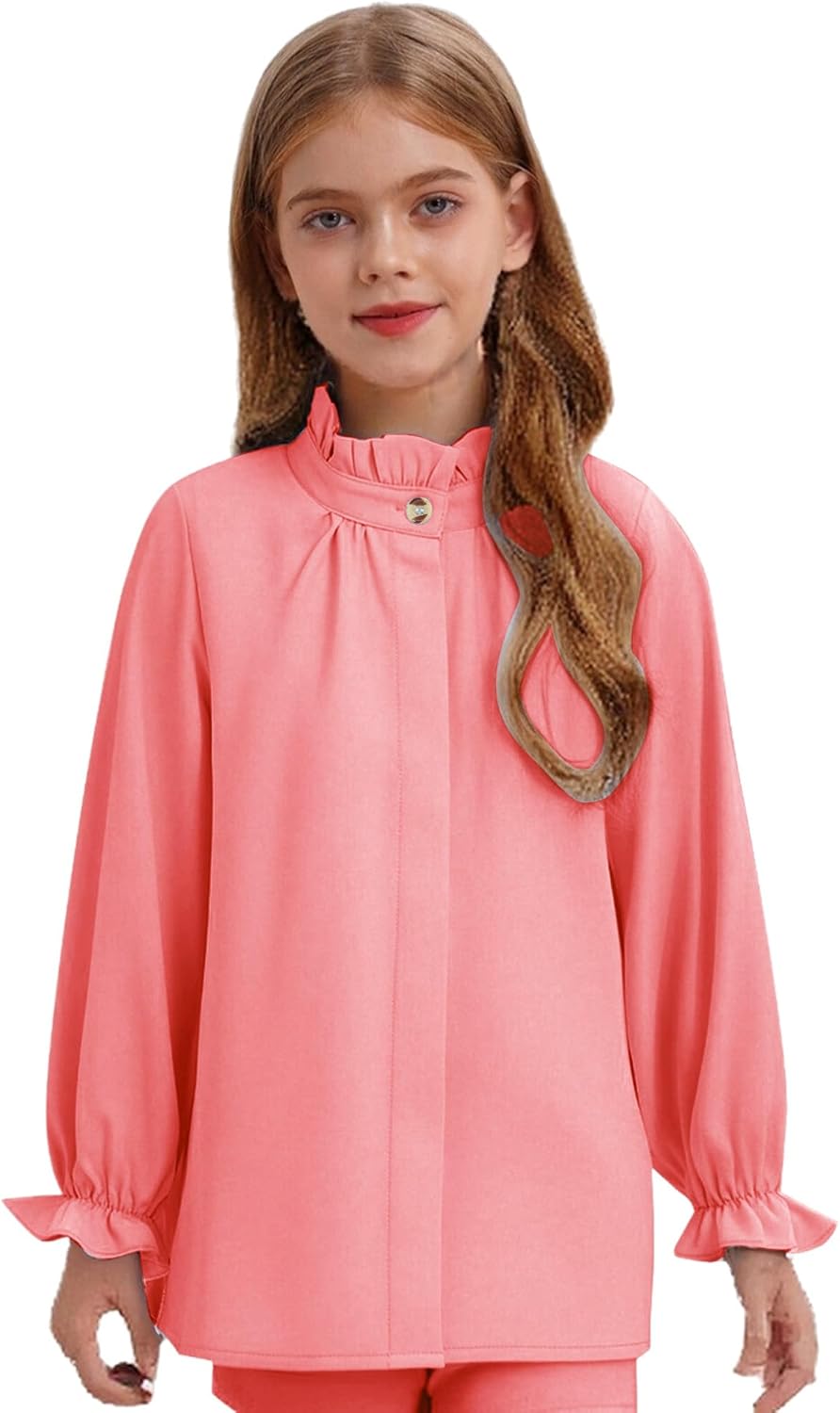 FEESHOW Kids Girls Ruffled Collar Cuffs Shirt Puff Long Sleeve Button Down Blouses Lightweight Solid Formal Dress Tops