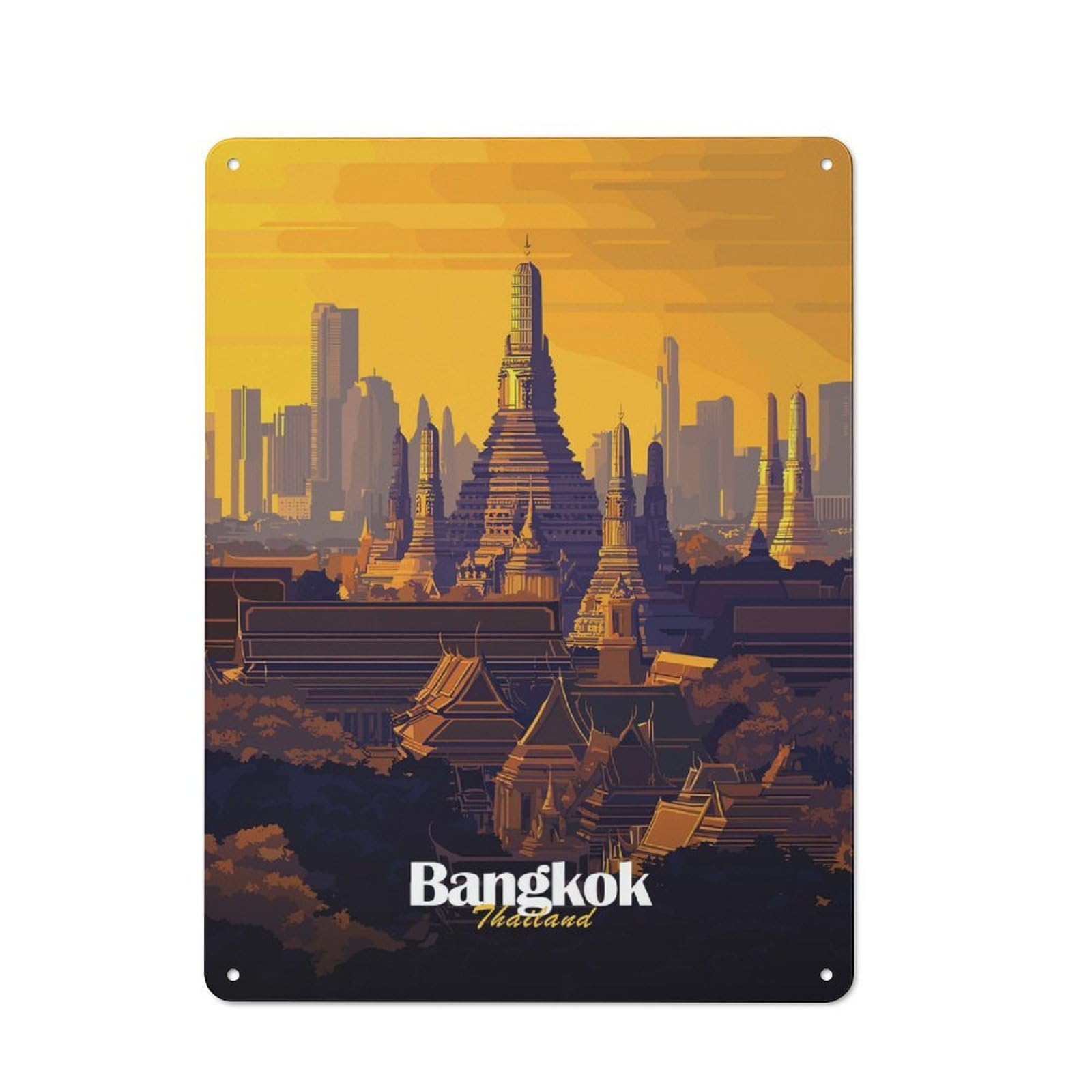 Junmoney Style-4 Bangkok Temple Skyline Clean Industrial Metal Wall Decor 40X30cm, Decorative Metal Plaque For Workspace, Cafe, Hallway Or Garage