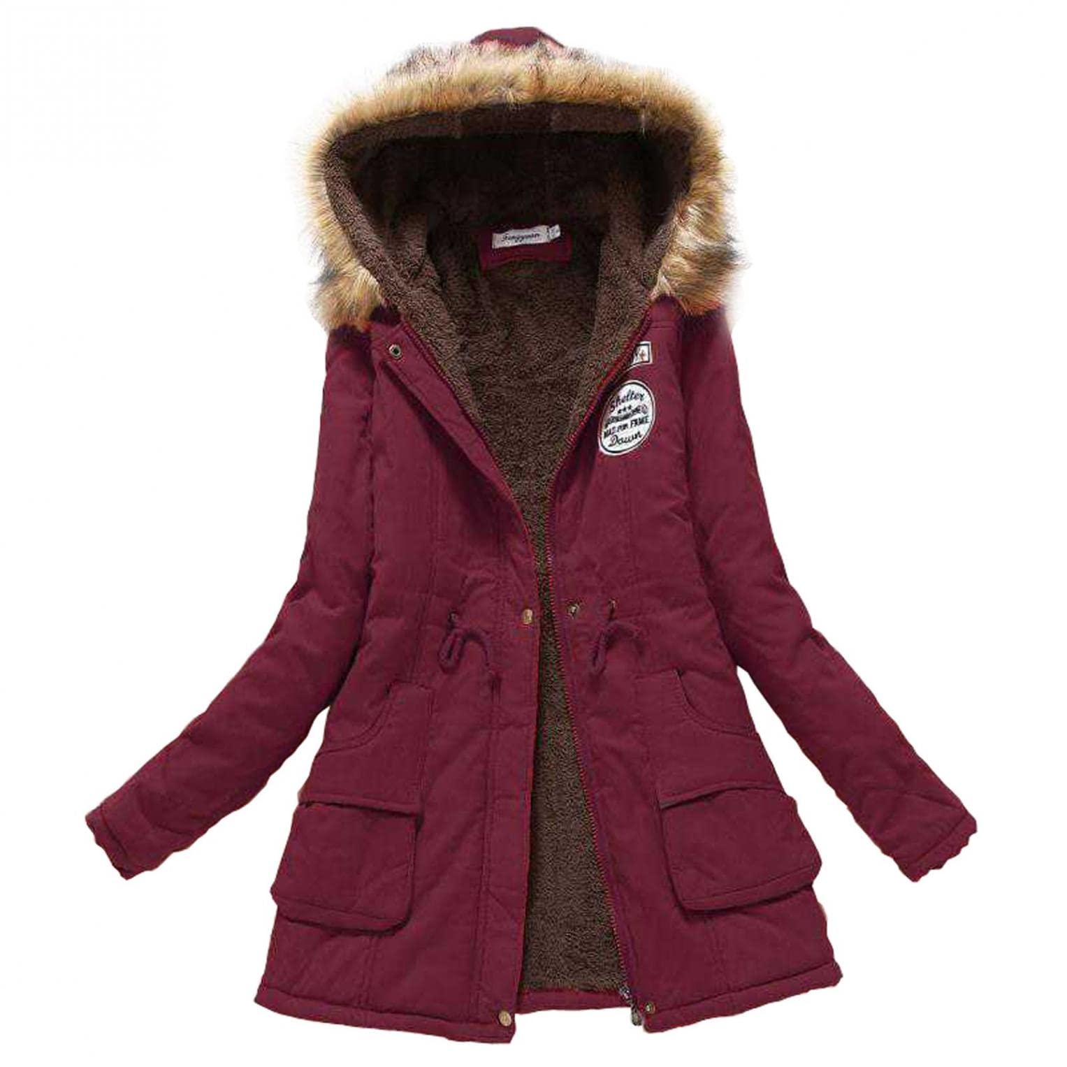 POIUDE Womens Hooded Warm Winter Thicken Fleece Lined Parkas Long Coats Slim Fur Collar Jacket Outerwear Trench Coat