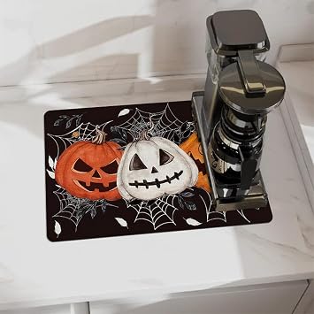 Cute Coffee Maker Mat for Countertops, Cute Coffee Bar Kitchen Accessories Decor, Halloween Pumpkin Dish Drying Mat Absorbent Drying Pats Halloween Pumpkin, 16"x12"