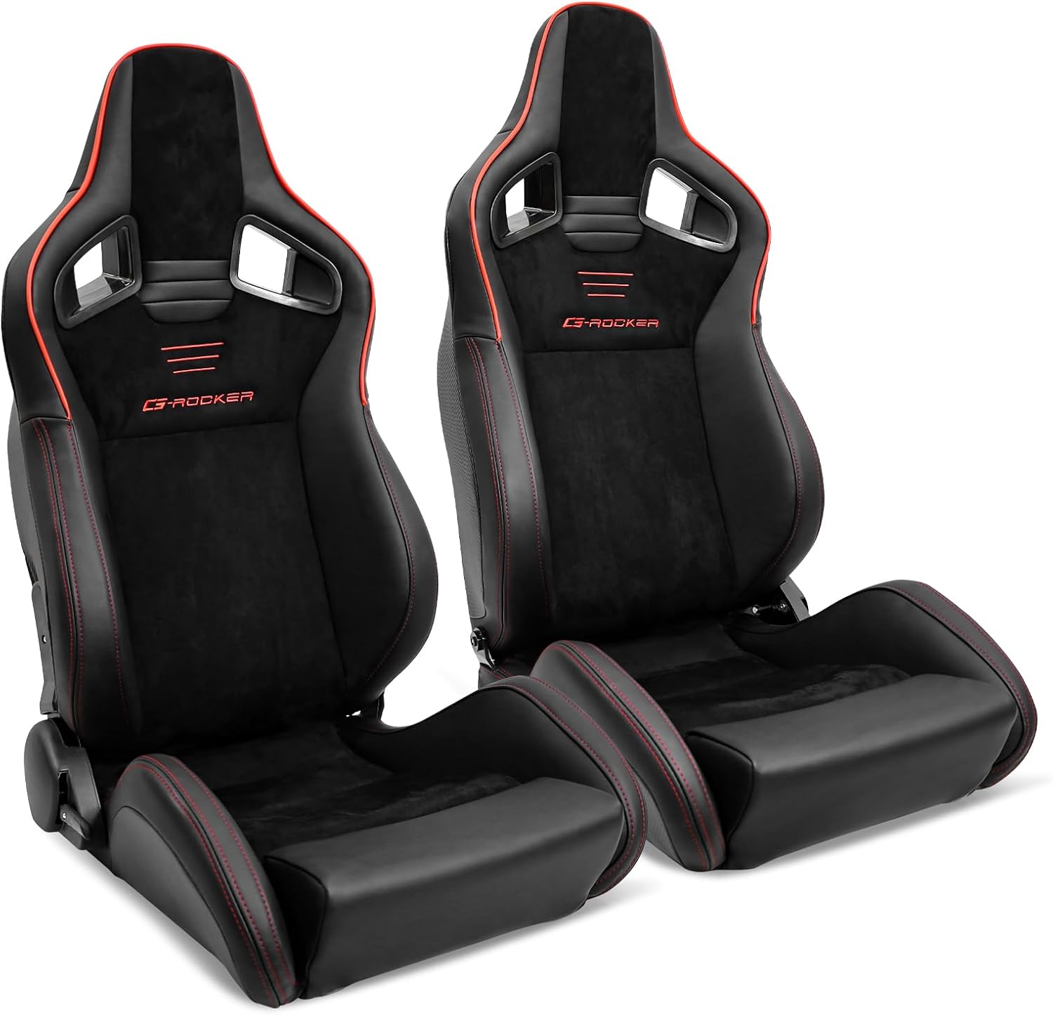 Universal Pairs of Racing Seat with Dual Sliders, Suede & PU Front+Carbon Leather Back Reclinable Bucket Seat, Black Suede+Side PU+Red Strip w/LOGO