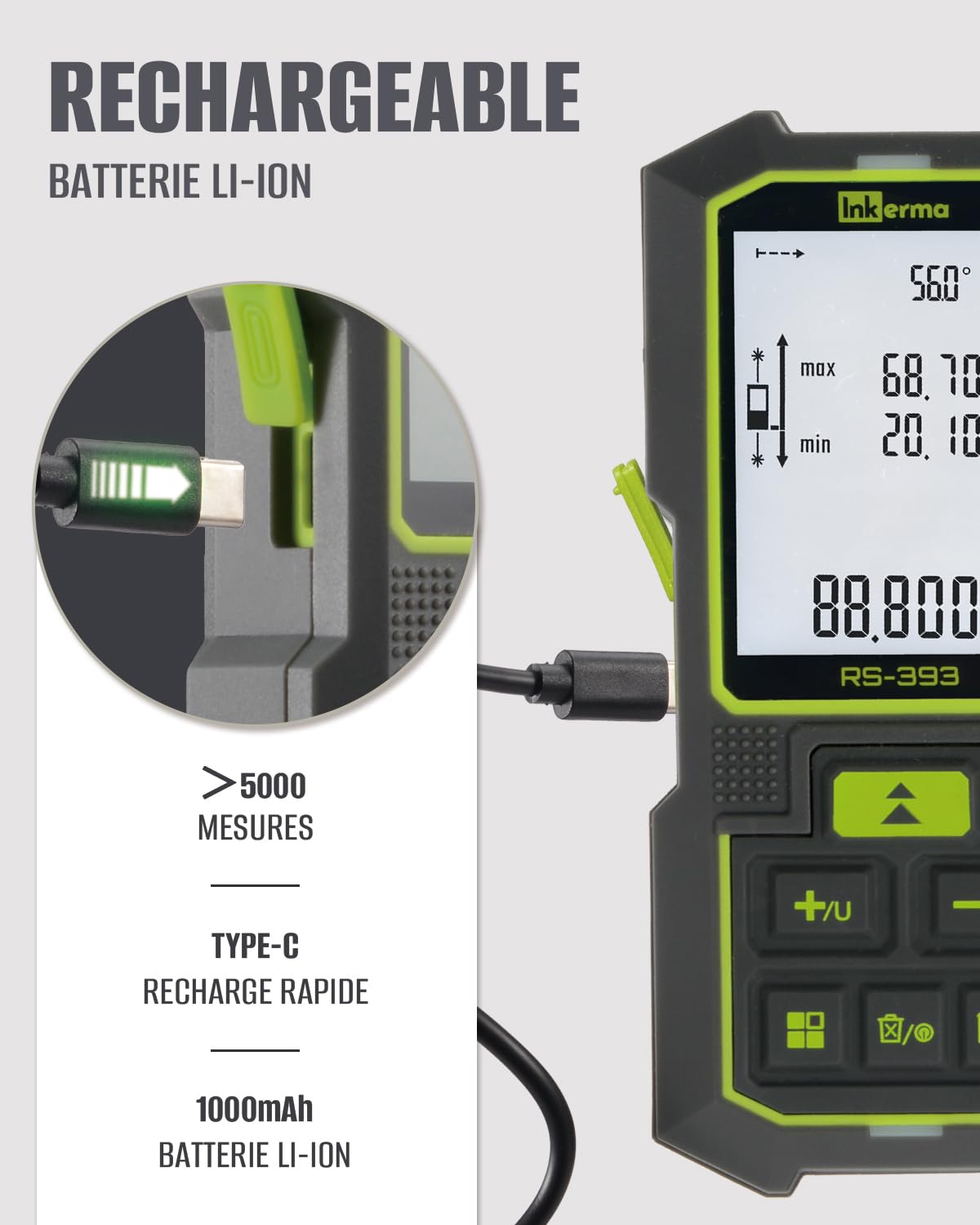 Inkerma Télémètre Laser Bilatéral 393Ft/120M, Mètre Laser Rechargeable avec Unités Ft/in/M, Capteur d'angle, Mode Pythagore, Mesure de Surface et de Volume