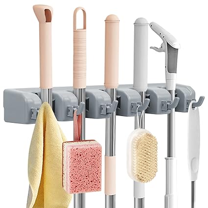Skycase Broom Holder Wall Mount,Wall Mounted Organizer for Mop and Broom,Garage Storage Rack and Garden Tool Organizer with 5 Positions and 6 Hooks,Grey