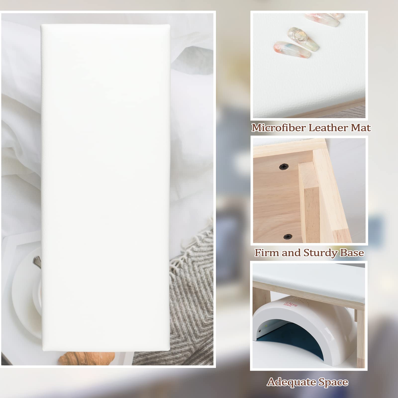 Reposabrazos para técnicos de uñas, cojín profesional de cuero de microfibra con esponja suave de alta densidad, mesa de madera maciza, soporte de manicura antideslizante para suministros de uñas 4