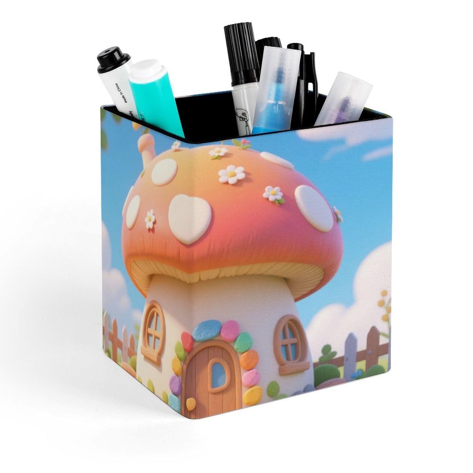 DWVTSLH Aesthetic Pen Holder for Desk - Modern Leather Pencil Holder - Stylish Square Makeup Brush Holder - Cute Mushrooms Pen Cup Cute And Functional Desk Organizer for Office Supplies