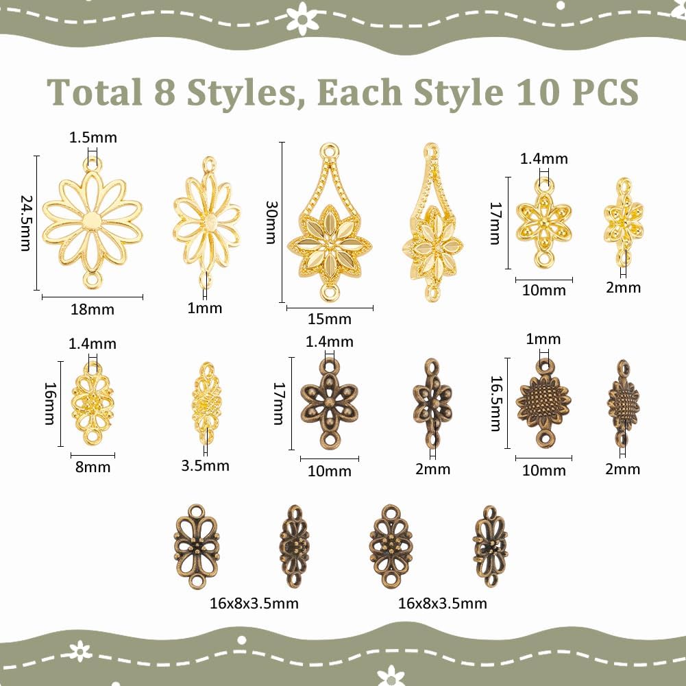 AHANDMAKER 80Pcs 8 Styles Flower Connector Charms, Vintage Alloy Filigree Flower Pendant Connectors with Double Holes Floral Links for Necklace Bracelet Earring DIY Jewelry Making, Antique Bronze&Gold - Image 2