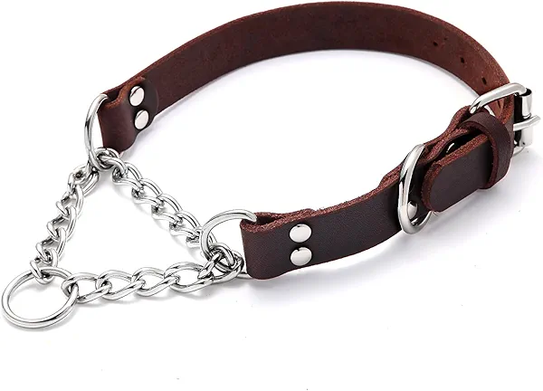 Leather Martingale Dog Collar, Genuine & Stainless Steel Chain Martingale Collar No-Pull Adjustable Anti-Slip Training & Walking Collar for Small Medium Large Breed Dogs Pets. (Large: Neck 15"-23")