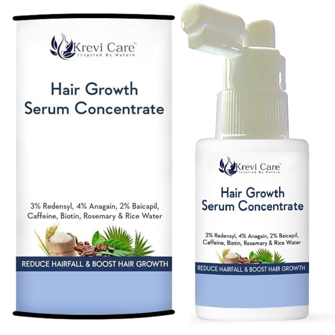 Krevicare Serum Concentrate - 3% Redensyl, 4% Anagain, 2% Baicapil, Caffeine, Biotin & Rice Water - Advanced Serum for Hair Fall Control & Hair Growth 30ml