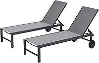 Shintenchi 2-Pack Light Grey Aluminum Chaise Lounges with Wheels - 5-Position Reclining Outdoor Patio Chairs for Pool, Beach, Yard