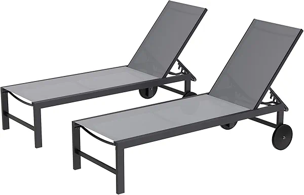Shintenchi 2 PCS Outdoor Chaise Lounges Chair with Wheels Aluminum Reclining Patio Lounge Chairs with 5 Adjustable Position Recliner for Patio, Beach, Yard, Pool Patio Furniture Set,Light Grey