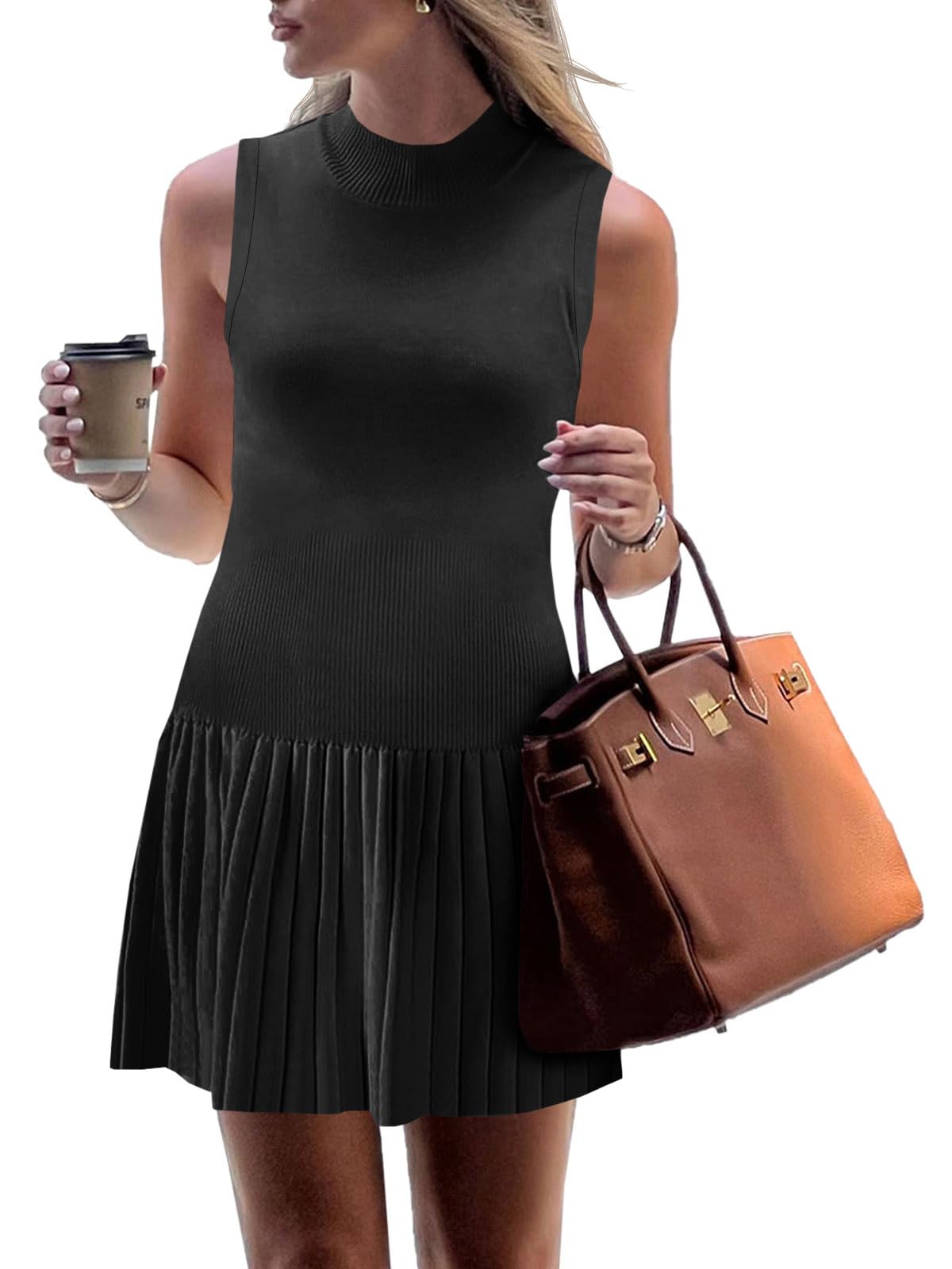 Wenrine Womens Pleated Mini Dress Sleeveless Summer Tank Dresses | mock neck, drop waist, flowy, ribbed knit, casual short dress
