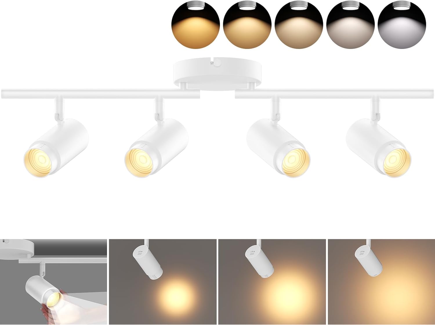 5-Color Zoomable 4 Light Track Lighting Fixtures Ceiling for Kitchen, Dimmable LED Track Lighting Kit, Ceiling Spotlight Flush Mount Adjustable Directional Spot Lights Indoor, CRI90 30W, White
