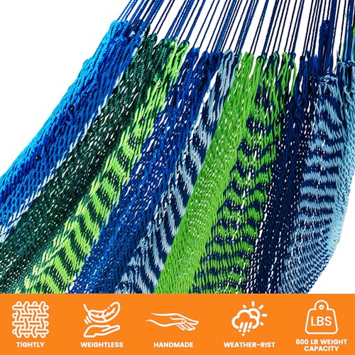 Image of Lazy Daze Hammocks Handwoven XL Mayan Hammock, 10.5 FT Soft Rope Double Hammocks, Portable Outdoor Hammock with Carry Bag, 2 Straps & Carabiners for Patio Outside, 550 lbs Weight Capacity, Blue /Green