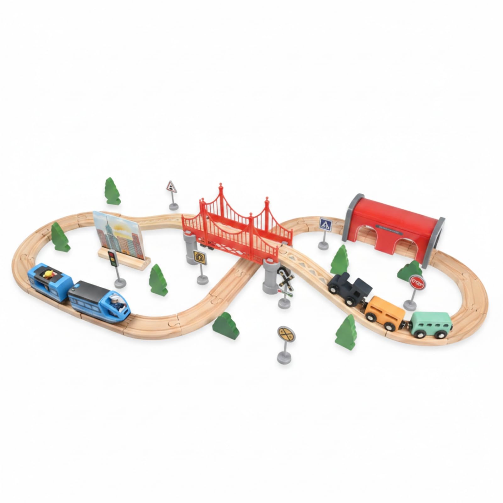 Pista Tren Madera Encajable Vías Encajables Madera Árboles y Señales Accesorio vía Tren