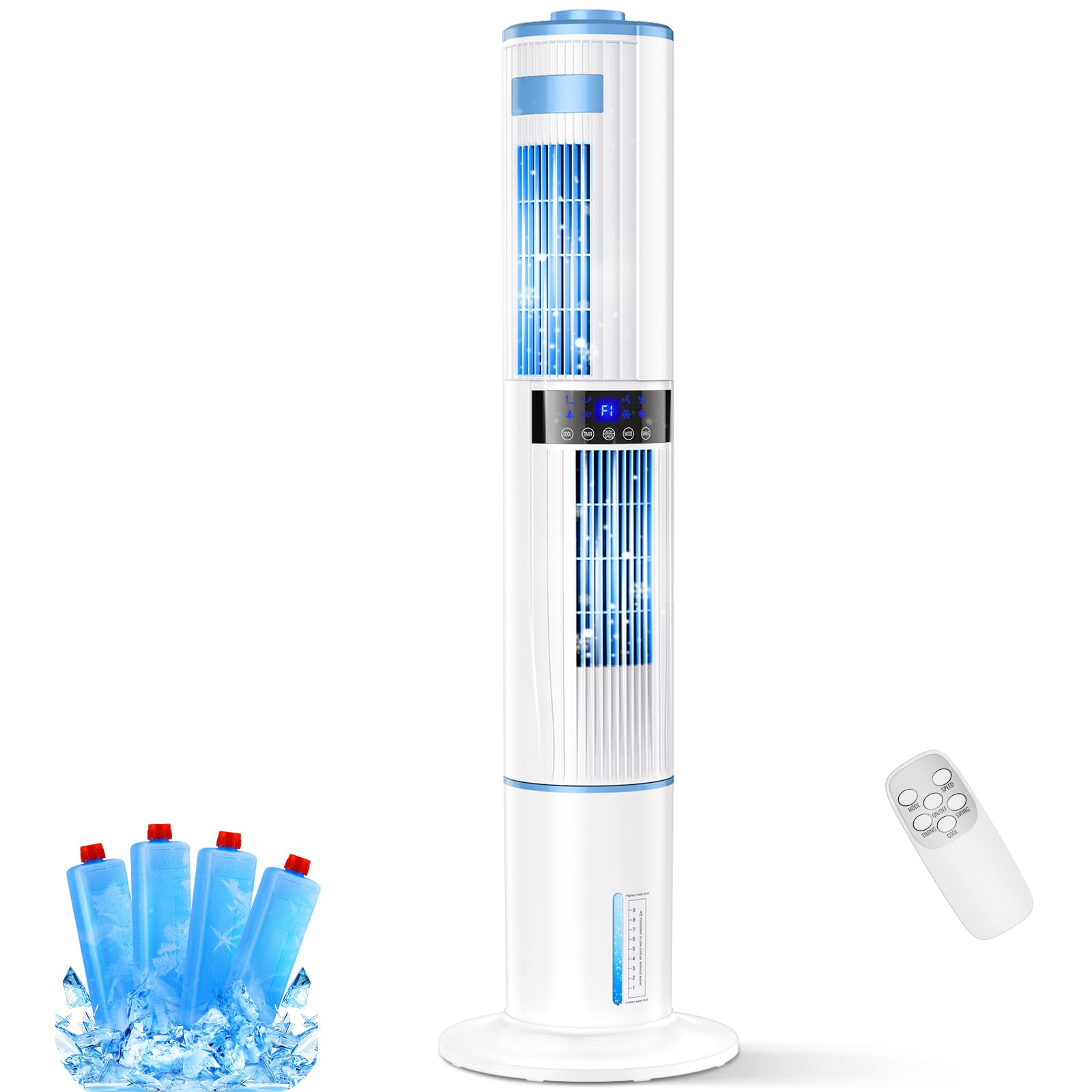 Aptorlty Mobile Air Conditioners, 4 in 1 Tower Fan/Air Purifier/Humidifier/Evaporative Coolers 65W 1-24H Timer 3 Mode 8M/S Wind w/ 4 Ice Box 10M Remote Control Air Conditioning for Home/Bedroom/Office [Energy Class A++]