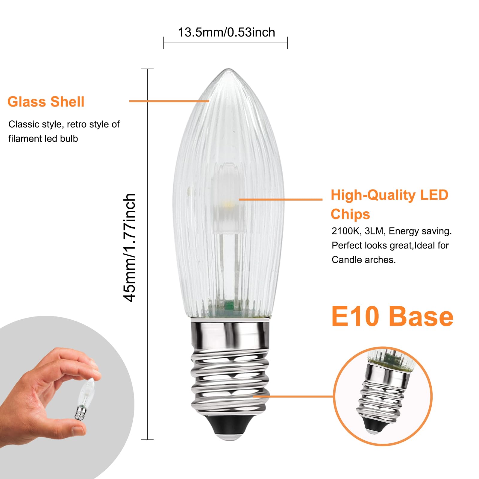 Bonlux Ampoule LED E10 Dimmable Bougie Arches,10-55V AC E10 Ampoule Bougie Conique, 2200K Blanc Chaud 0.2W Ampoule LED Bougie Pour Arbre De Noël, Bougie Arches