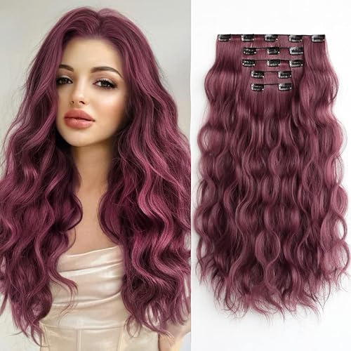 Extensiones de cabello color burdeos con clip, extensiones de cabello ondulado de 18 pulgadas de grosor sintético con clips en rojo, para mujer, 5