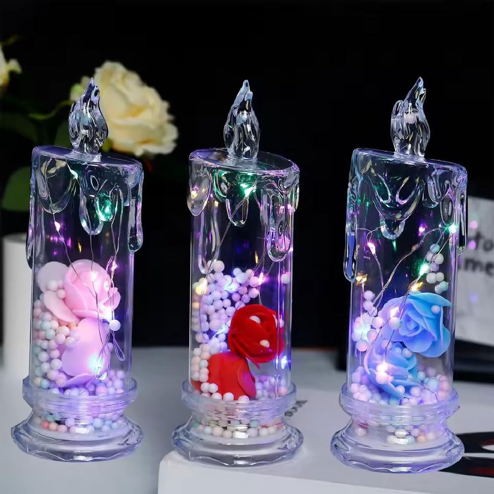 GUSHE 3Pcs Realistic Rose Candle Lights — Battery-Powered, Realistic Rose-Shaped Candle Lights, Electric LED Candle Lights, Romantic Battery Operated Flameless LED Candles for Anniversary Decoration