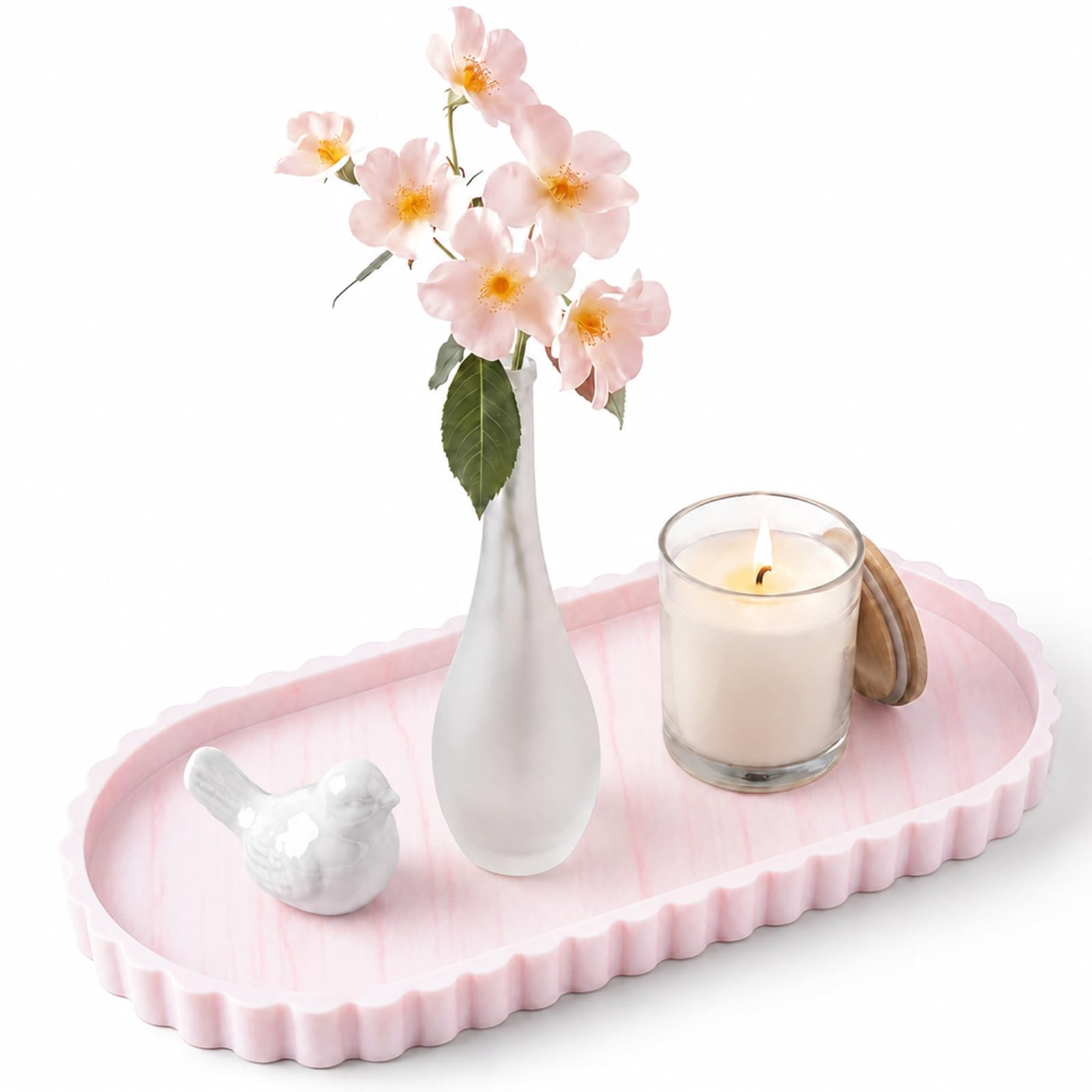 Silicone Bathroom Vanity Tray - 30.5 x 13.5 cm Oval Decorative Tray for Bathroom Kitchen Countertop, Trinket Trays with Scalloped Edge, Bathroom Holders for Toilet Top, Bathtub Caddy