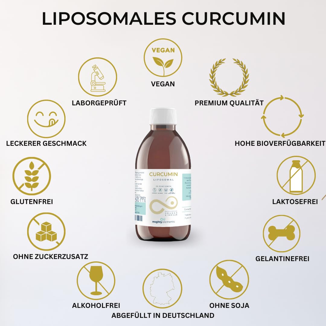 Mighty Elements Liposomales Curcumin 250 mg, Blutorange-Vanille Geschmack, Vegan, Glutenfrei, hohe Bioverfügbarkeit, Hochdosiert, Flüssig, 25 Portionen