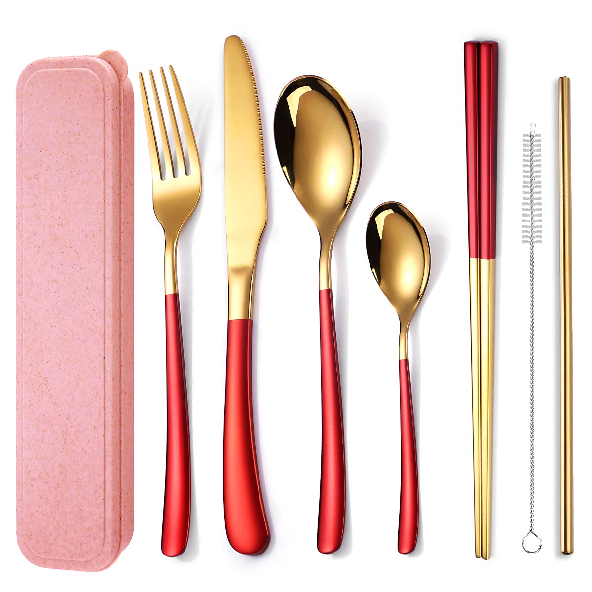 AARAINBOW 6 Pieces Stainless Steel Flatware Set Portable Reusable Cutlery Set Travel Utensils Set Including Chopsticks Knife Fork Spoon Straws Cleaning Brush Dishwasher Safe (7 Red Golden)