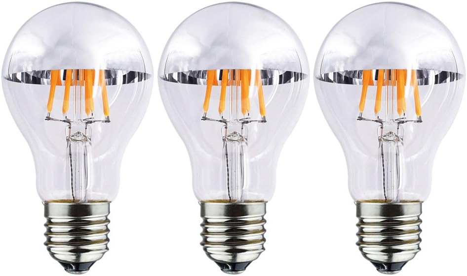 Half Chrome LED Filament Bulb A19 4W LED Light Bulb, Silver Bowl Tipped, E26 Base, Soft Warm White 2700K, 40W Equivalent, 110-120VAC, Dimmable (Pack of 6, 4 Watt)