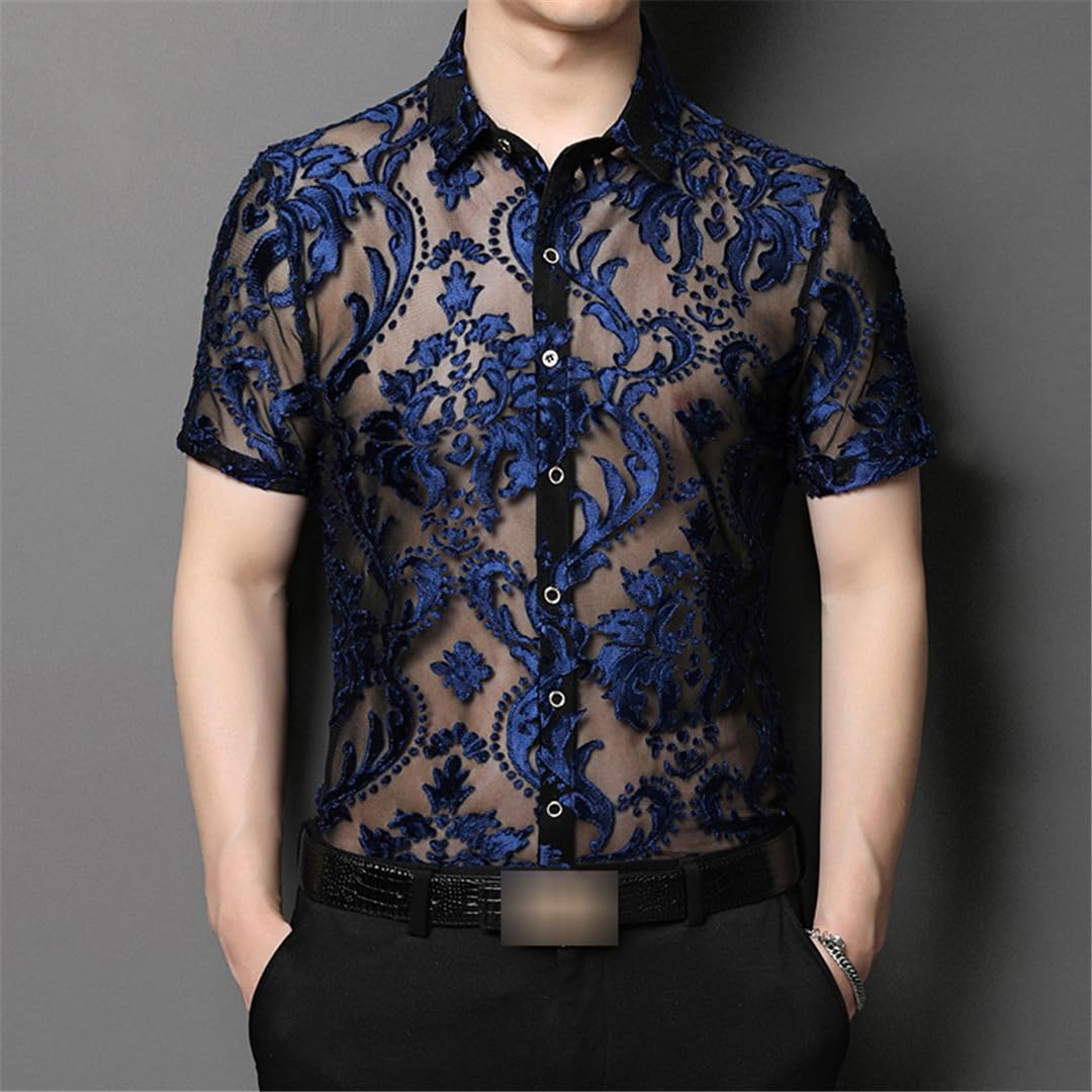 Yeuyyben EN8 Camicia Trasparente con Ricamo Floreale Gli Uomini Vedono Attraverso Le Camicie Eleganti Sexy Camicetta Trasparente in Pizzo da Festa Sociale da Uomo