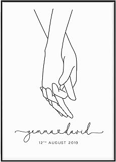 Bedroom Wall Art Holding Hands Print, Unframed, Personalised Couple Holding Hands Line Art Print, Girlfriend Anniversary Gift Holding Hand, Black and White Couple Holding Hands Poster, With Names