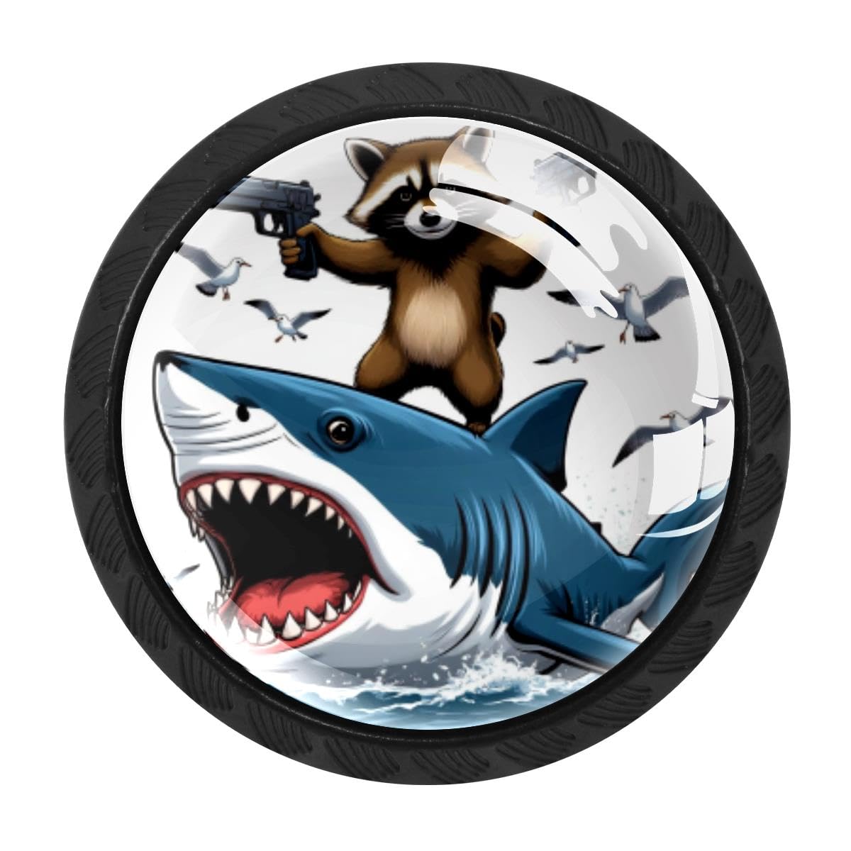 4 PCS Cabinet Knobs, Raccoon Riding Shark Drawer Knobs Dresser Handles