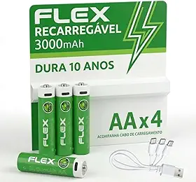 Pilha Recarregável AA 1.5V 3000MAH (C/4 Pilhas) FLEX