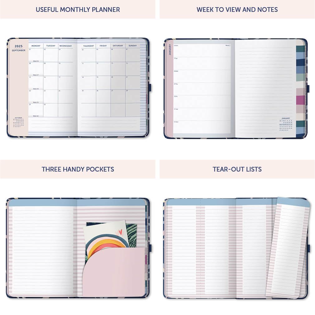 Busy B 2025 Diary, A5 Weekly Planner with To-Do Lists & Notes Pages, Work, School, Office Navy Floral Journal - Image 4