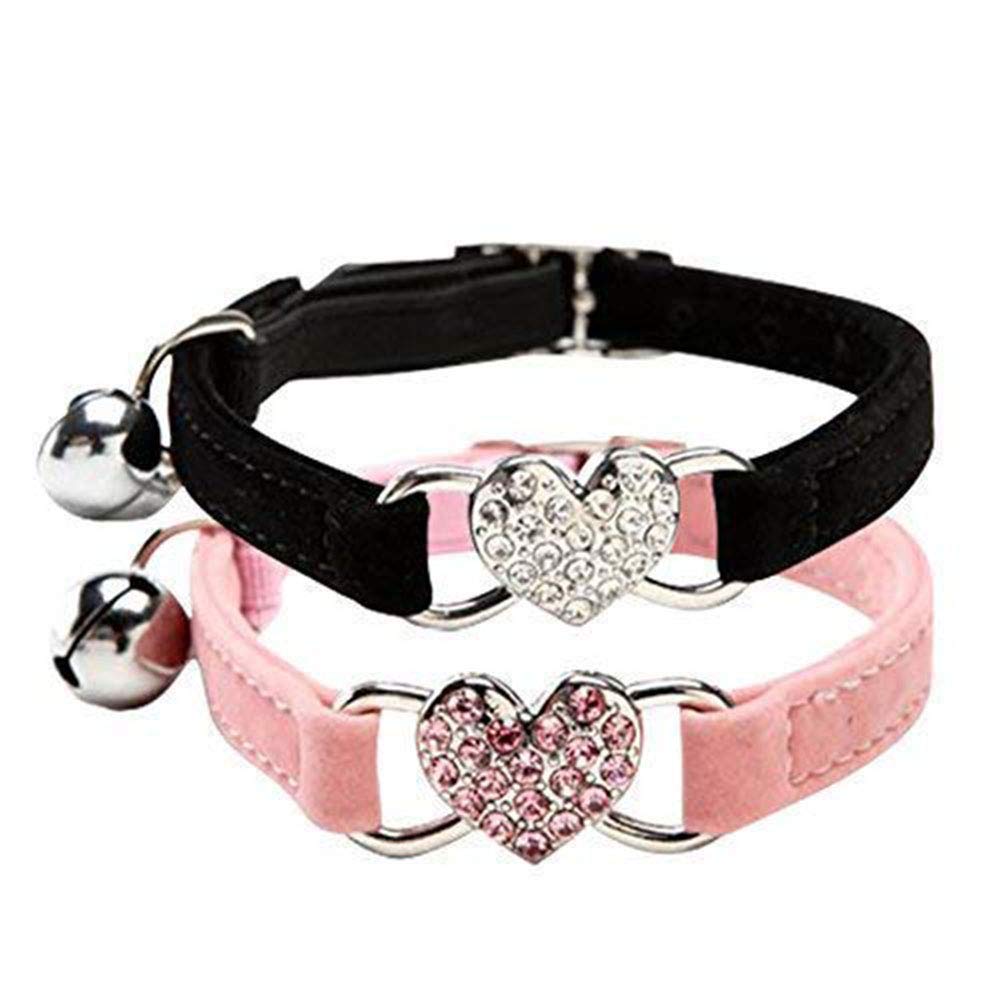 DAIXI Cat Collar with Safety Belt and Bell Heart Bling 8-11 Inches 16-25cm (6-10") length and 1cm (3/8") wide Black+Pink