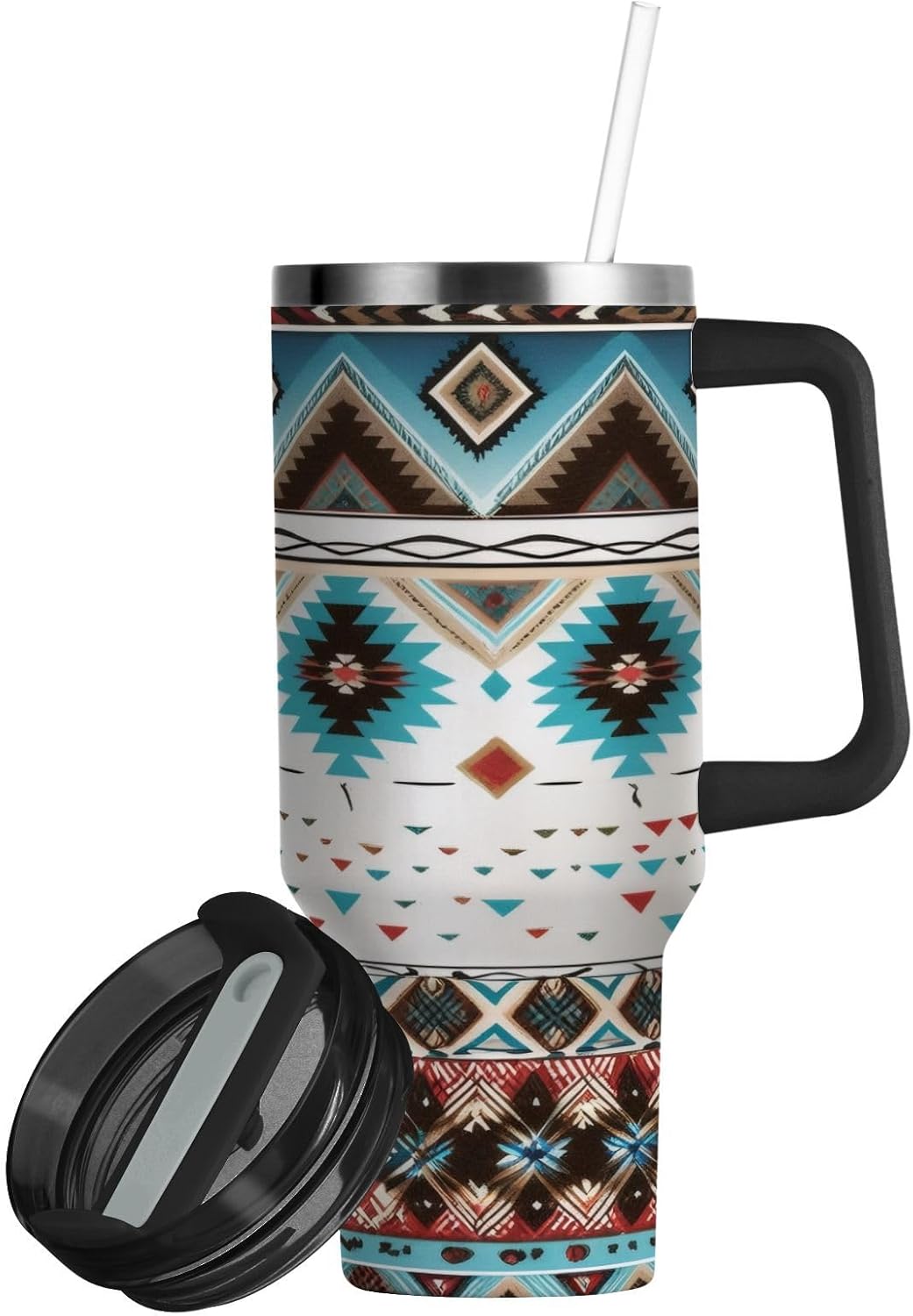 Native Tribal Navajo Tumbler with Handle Straw Lid, 40 oz Stainless Steel Double Wall Vacuum Insulated Water Bottle Leakproof Reusable Travel Mug