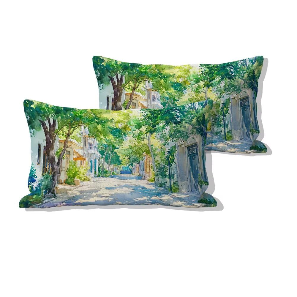 Housse coussin salon de jardin exterieur imperméable 50x70 design ville arbre pour terrasse moderne