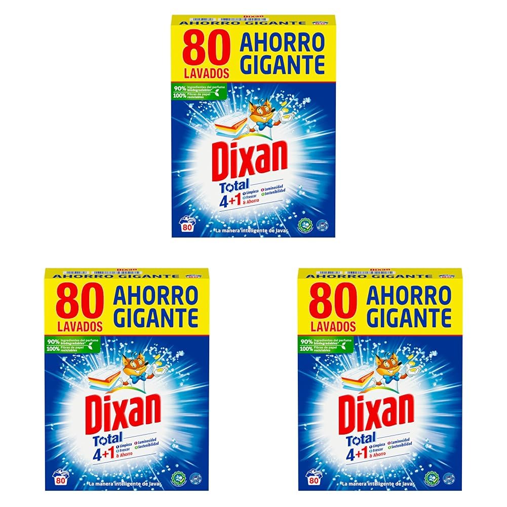 Dixan Polvo Total 3+1, Detergente en Polvo para Lavadora (80 lavados) jabón en polvo para lavar la ropa blanca y de color, Limpieza, luminosidad y frescor, versión antigua (Paquete de 3)